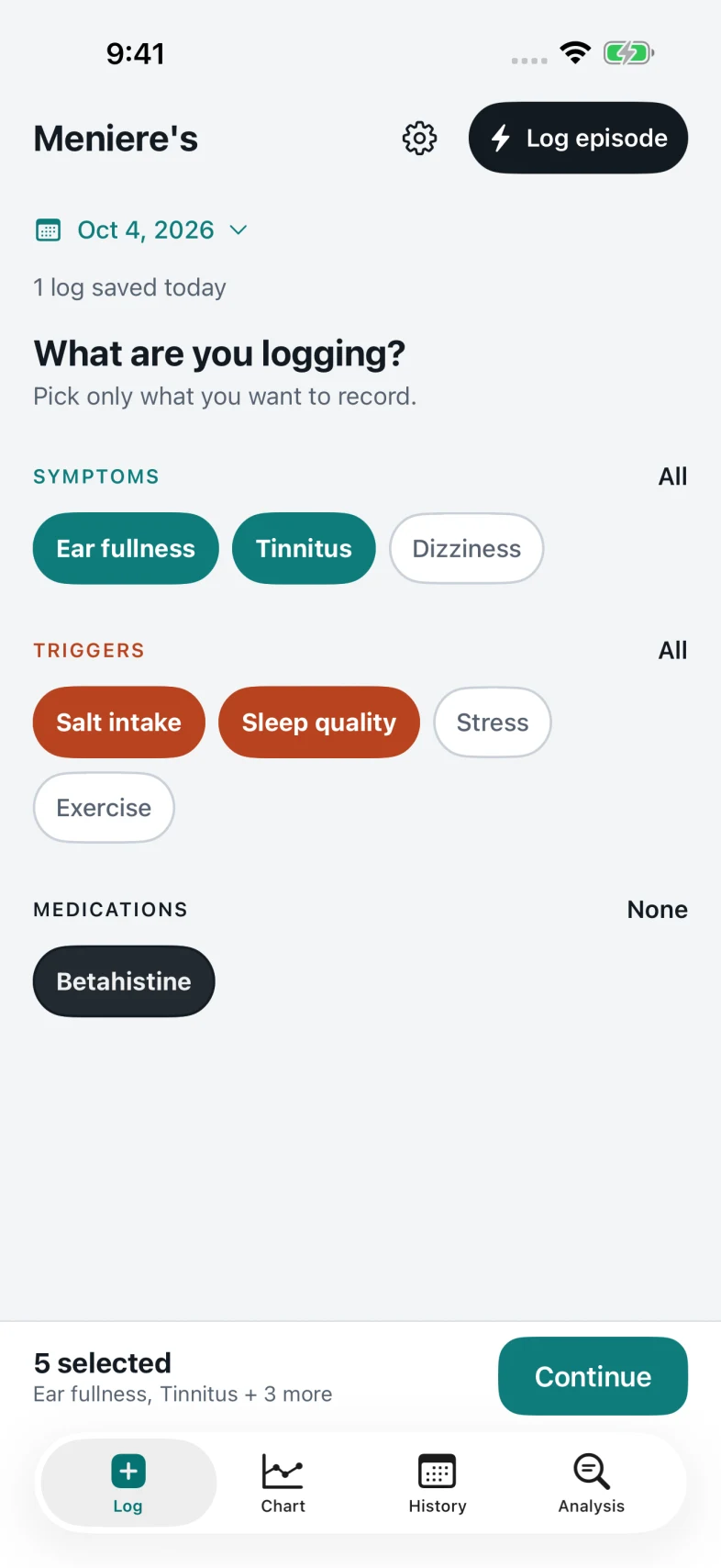 The Log tab: symptoms, triggers and medications as pills, with five selected