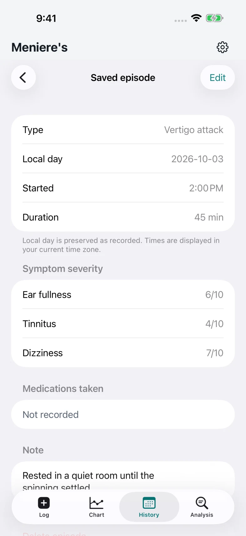 A saved episode: type, start time, duration and a rating for each symptom